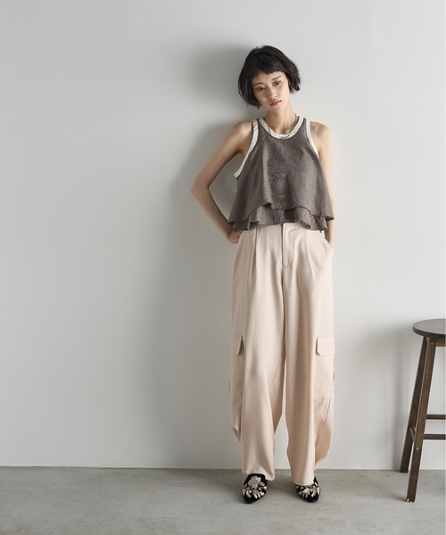 セール】リネンライクバイカラーパイピングカットオフフリルアメスリ