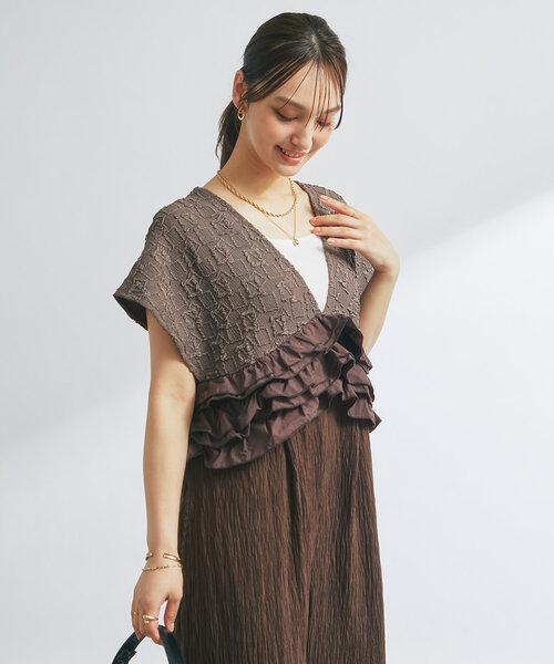 アンディコール　異素材コンビネゾン　ブラウン un dix cors（アンディコール）の「異素材コンビネゾン（サロペット