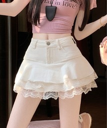ティアード 裾レース デニム ミニスカート パンツ