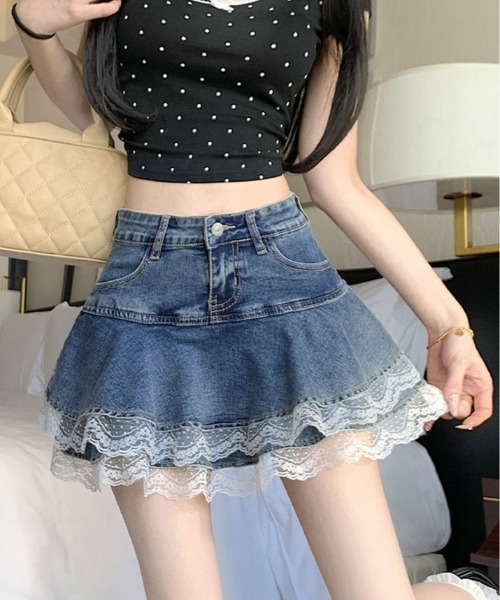 モナコで購入 レース×デニムスカート セール】ティアード 裾レース デニム ミニスカート パンツ