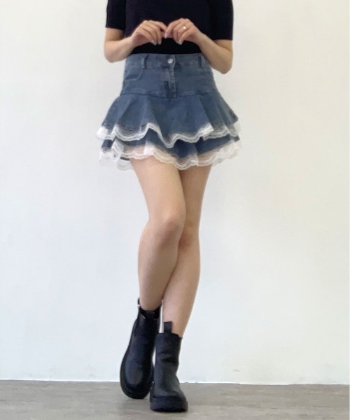 モナコで購入 レース×デニムスカート セール】ティアード 裾レース デニム ミニスカート パンツ