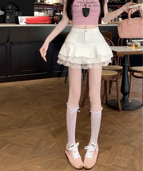 セール】ティアード 裾レース デニム ミニスカート パンツ