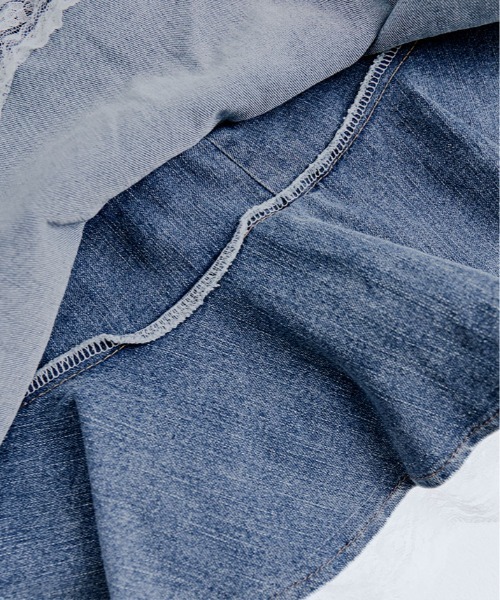 セール】ティアード 裾レース デニム ミニスカート パンツ（デニム