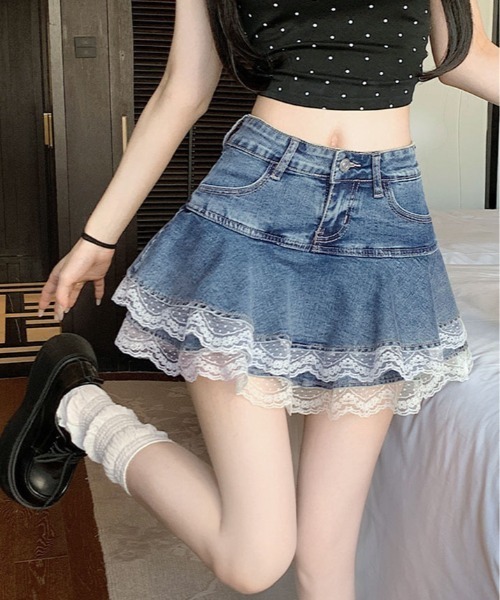 セール】ティアード 裾レース デニム ミニスカート パンツ（デニム