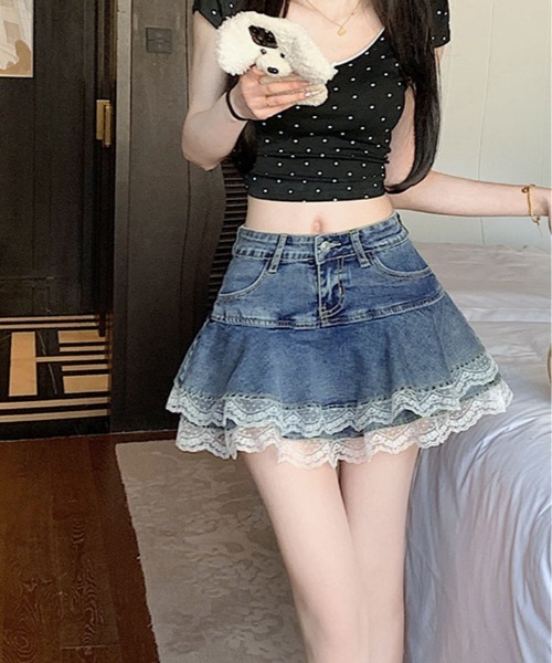 セール】ティアード 裾レース デニム ミニスカート パンツ（デニム