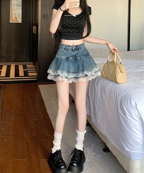kirakiraShop(キラキラショップ)の「ティアード 裾レース デニム ミニスカート パンツ(デニムスカート・レディース・ホワイト/ブルー・S/M/L)」の21枚目の写真