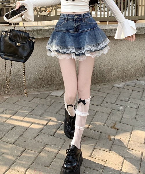 セール】ティアード 裾レース デニム ミニスカート パンツ
