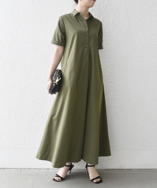 PINUE オリーブ ロングシャツワンピース S SHIPS any:〈洗濯機可能〉タイプライター スキッパー フレア シャツ