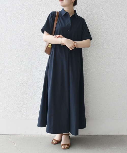 【新品！】SHIPS any　ネイビー 半袖 シャツワンピース SHIPS any:〈洗濯機可能〉タイプライター スキッパー フレア