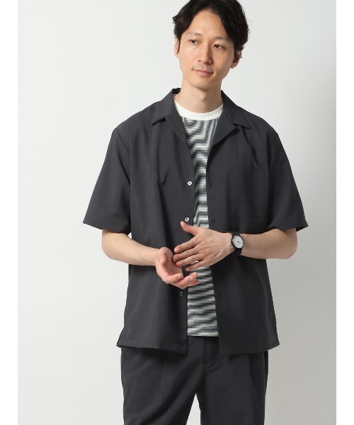 SUIT SQUARE（スーツスクエア）の「オープンカラーシャツ 半袖 ウォッシャブル ウールライクポリエステル（シャツ/ブラウス・メンズ・ネイビー/チャコールグレー/ブルー/ライトグレー・S/M/L/LL）」の2枚目の写真