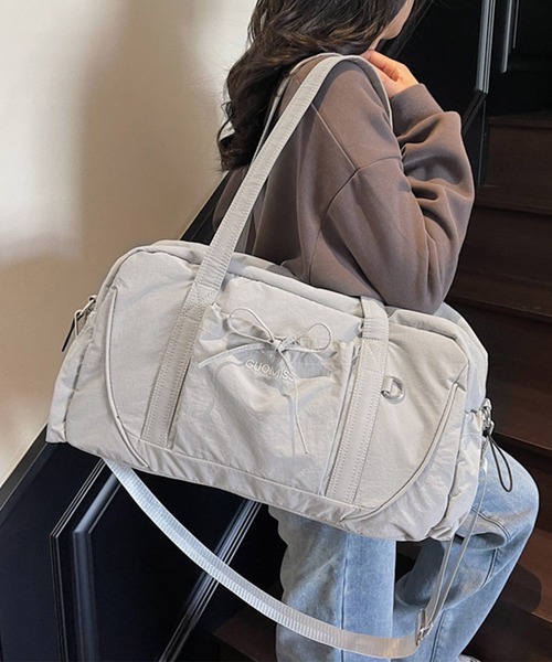 Lace Ladies（レースレディース）の「ソリッドカラー リボン付き 大容量 ボストン トート バッグ（ボストンバッグ・レディース・グレー/ブラック/パープル/グリーン・FREE）」の9枚目の写真