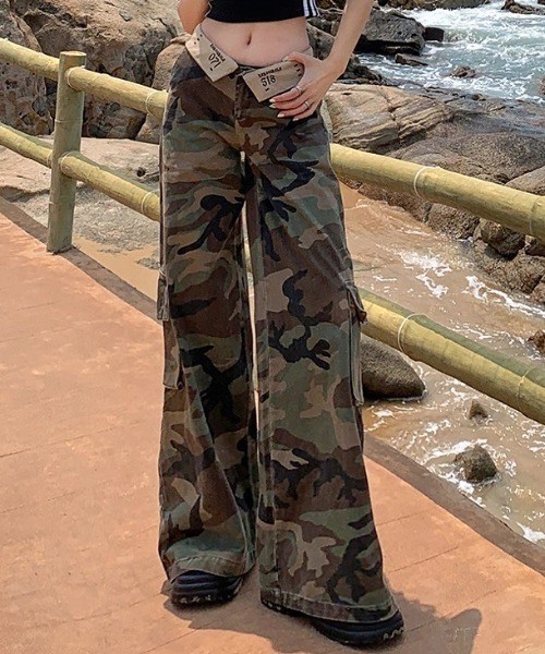 Y2K ローウエスト 迷彩 カモフラ ワイドシルエット カーゴパンツ