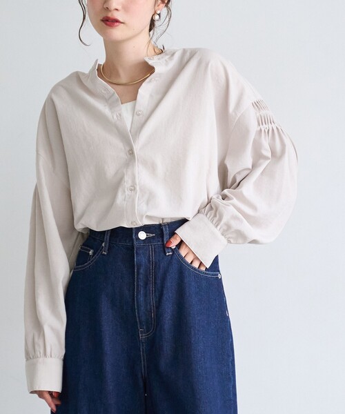 coen(コーエン)の「【再入荷 / 新色追加】ピンタックバンドカラーブラウス(シャツ/ブラウス・レディース・ライトブルー/ベージュ/ダークグレー/オフホワイト/クリーム・L/M)」の9枚目の写真