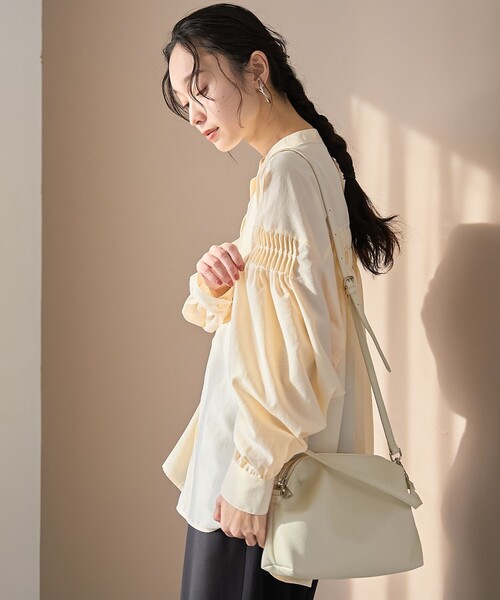 coen（コーエン）の「【再入荷 / 新色追加】ピンタックバンドカラーブラウス（シャツ/ブラウス・レディース・ライトブルー/ベージュ/ダークグレー/オフホワイト/クリーム・L/M）」の8枚目の写真