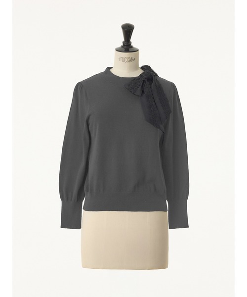 STRAWBERRY-FIELDS（ストロベリーフィールズ）の「エリシアストレッチ_レース*タフタリボンネックニット（ニット/セーター・レディース・グレー/ブラック/ベージュ・2）」の14枚目の写真