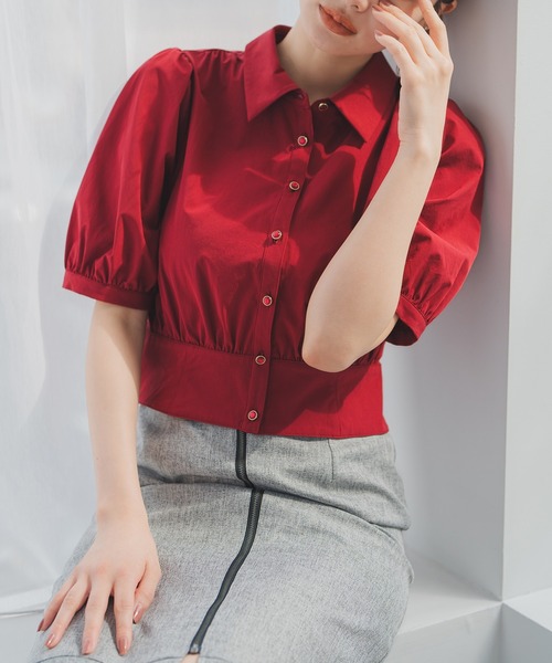 MISCH MASCH(ミッシュマッシュ)の「クロップドシャツブラウス(シャツ/ブラウス・レディース・ワイン/ブラック/ホワイト・フリ-)」の1枚目の写真