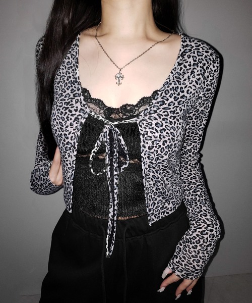 me+em select(ミームセレクト)の「【 2color 】レオパードフロントリボンショートカーディガン / Leopard front ribbon short cardigan(カーディガン/ボレロ・レディース・ブラウン/ブラック・FREE)」の5枚目の写真