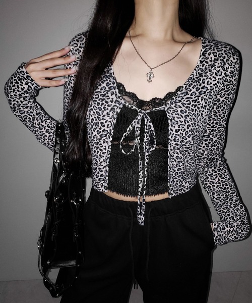 me+em select(ミームセレクト)の「【 2color 】レオパードフロントリボンショートカーディガン / Leopard front ribbon short cardigan(カーディガン/ボレロ・レディース・ブラウン/ブラック・FREE)」の6枚目の写真