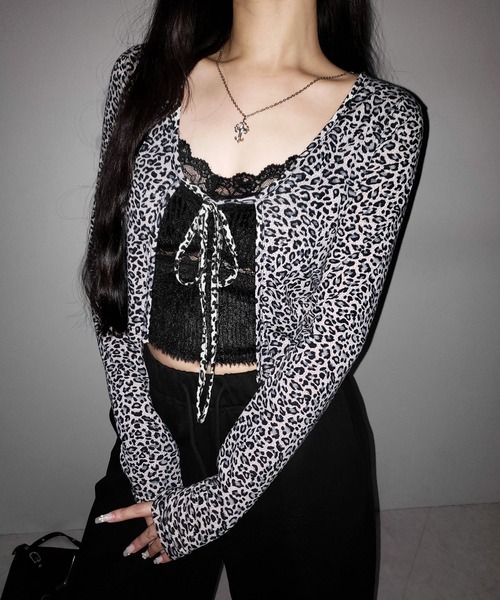 me+em select(ミームセレクト)の「【 2color 】レオパードフロントリボンショートカーディガン / Leopard front ribbon short cardigan(カーディガン/ボレロ・レディース・ブラウン/ブラック・FREE)」の7枚目の写真