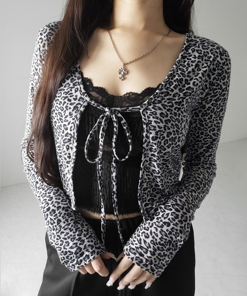 me+em select(ミームセレクト)の「【 2color 】レオパードフロントリボンショートカーディガン / Leopard front ribbon short cardigan(カーディガン/ボレロ・レディース・ブラウン/ブラック・FREE)」の14枚目の写真