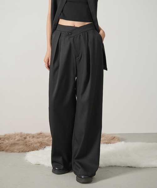 セール】アシンメトリータックワイドパンツ/セットアップ可能