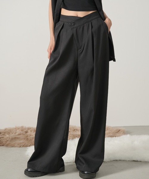 セール】アシンメトリータックワイドパンツ/セットアップ可能