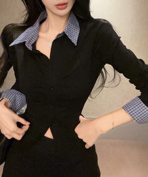 SHEENA(シーナ)の「チェックシャツドッキングギャザートップス(Tシャツ/カットソー・レディース・グレー/ブラック・M)」の9枚目の写真