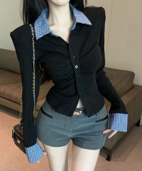 SHEENA(シーナ)の「チェックシャツドッキングギャザートップス(Tシャツ/カットソー・レディース・グレー/ブラック・M)」の10枚目の写真