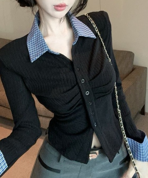 SHEENA(シーナ)の「チェックシャツドッキングギャザートップス(Tシャツ/カットソー・レディース・グレー/ブラック・M)」の4枚目の写真