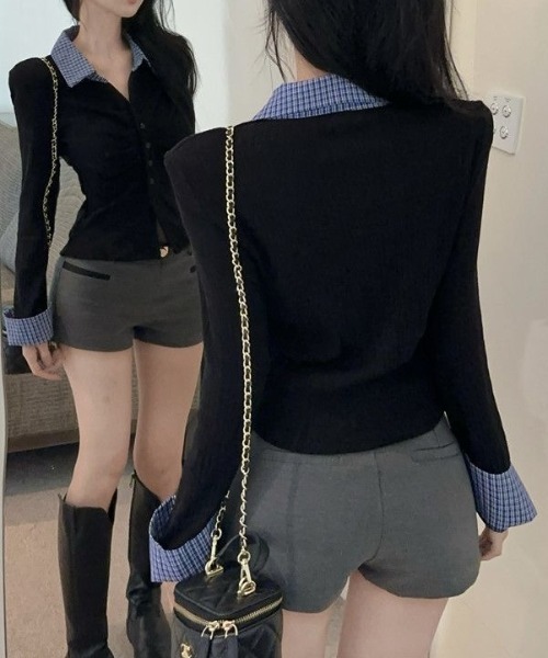 SHEENA(シーナ)の「チェックシャツドッキングギャザートップス(Tシャツ/カットソー・レディース・グレー/ブラック・M)」の6枚目の写真