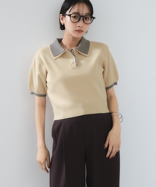 VIS（ビス）の「ダブルカラーポロトップス（ポロシャツ・レディース・チャコールグレー/キナリ/ブラウン・FREE）」の4枚目の写真