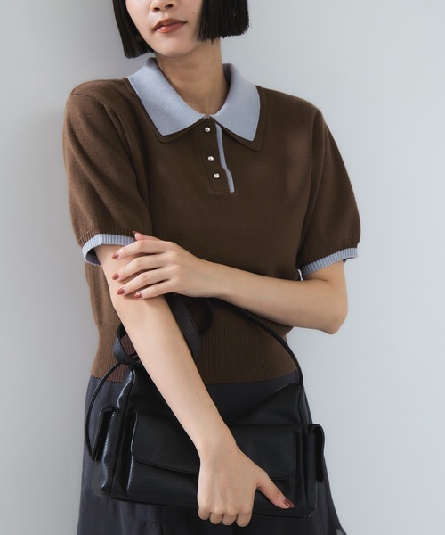 VIS（ビス）の「ダブルカラーポロトップス（ポロシャツ・レディース・チャコールグレー/キナリ/ブラウン・FREE）」の22枚目の写真
