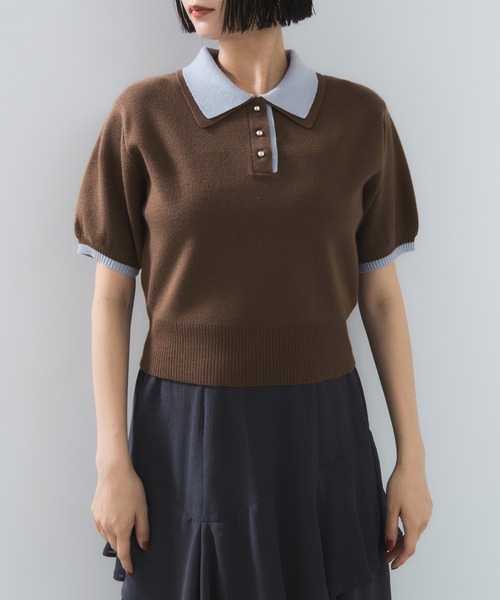 VIS（ビス）の「ダブルカラーポロトップス（ポロシャツ・レディース・チャコールグレー/キナリ/ブラウン・FREE）」の19枚目の写真