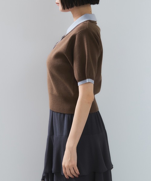 VIS（ビス）の「ダブルカラーポロトップス（ポロシャツ・レディース・チャコールグレー/キナリ/ブラウン・FREE）」の18枚目の写真