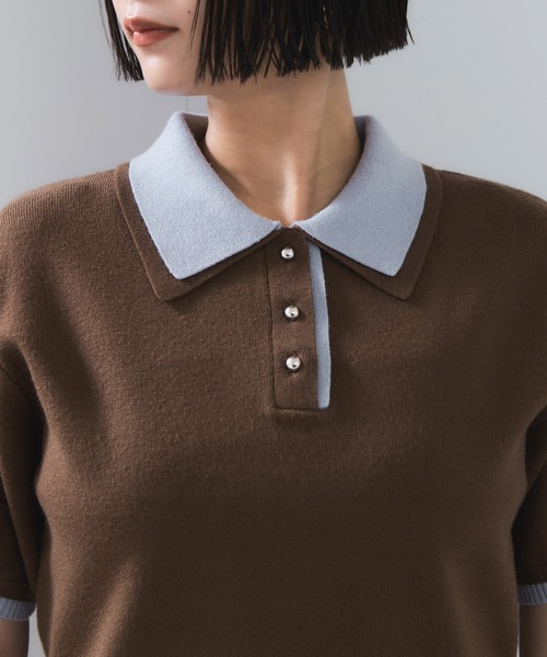 VIS（ビス）の「ダブルカラーポロトップス（ポロシャツ・レディース・チャコールグレー/キナリ/ブラウン・FREE）」の16枚目の写真