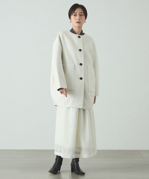 CAST:(キャストコロン)の「ボンディングリバーシブルミドルコート(ノーカラーコート・レディース・オフホワイト/ブラウン系その他5・M/S)」の5枚目の写真