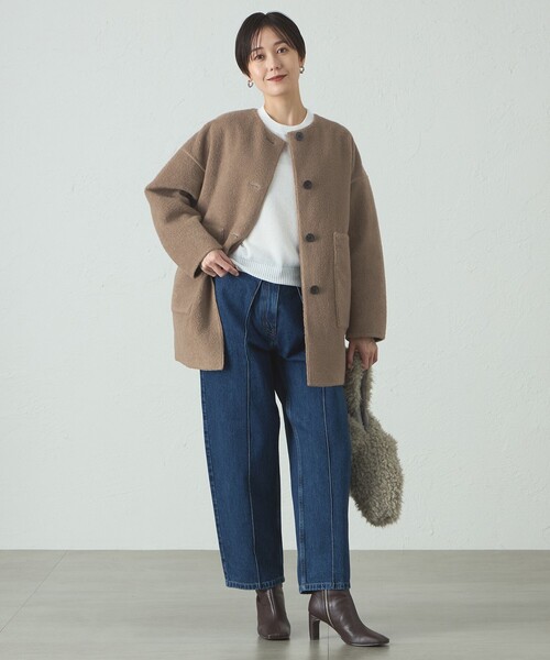 CAST:(キャストコロン)の「ボンディングリバーシブルミドルコート(ノーカラーコート・レディース・オフホワイト/ブラウン系その他5・M/S)」の7枚目の写真