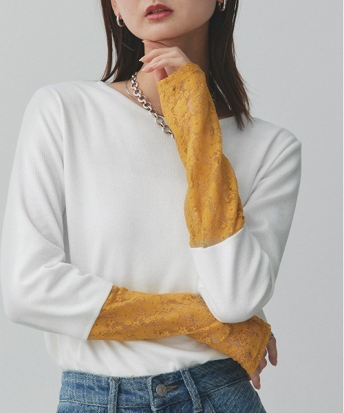 ad thie（アドティエ）の「袖切替ラメシアー レース アソートトップス（Tシャツ/カットソー・レディース・ブラック系2/ホワイト系2/グレー系2/ブラウン系2/カーキ系2/ベージュ系2/ホワイト系1/ブラウン系1/ベージュ系1/ブラック系1/グレー系1/カーキ系1/ホワイト系3/ブラック系3/ピンク系/ブルー系・MEDIUM/LARGE/LL）」の2枚目の写真