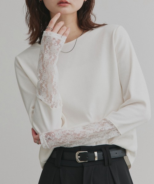 ad thie（アドティエ）の「袖切替ラメシアー レース アソートトップス（Tシャツ/カットソー・レディース・ブラック系2/ホワイト系2/グレー系2/ブラウン系2/カーキ系2/ベージュ系2/ホワイト系1/ブラウン系1/ベージュ系1/ブラック系1/グレー系1/カーキ系1/ホワイト系3/ブラック系3/ピンク系/ブルー系・MEDIUM/LARGE/LL）」の3枚目の写真