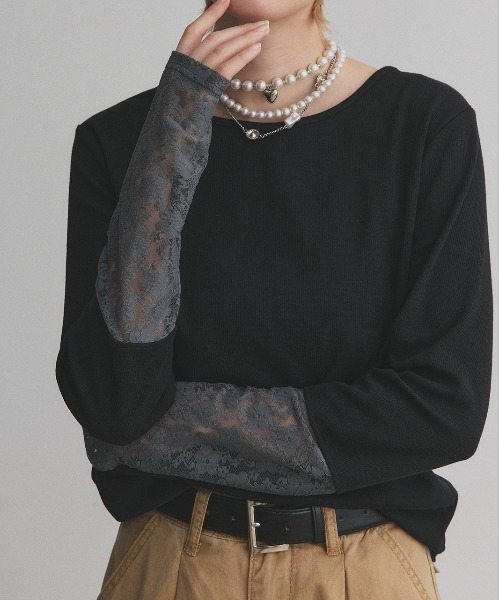 ad thie（アドティエ）の「袖切替ラメシアー レース アソートトップス（Tシャツ/カットソー・レディース・ブラック系2/ホワイト系2/グレー系2/ブラウン系2/カーキ系2/ベージュ系2/ホワイト系1/ブラウン系1/ベージュ系1/ブラック系1/グレー系1/カーキ系1/ホワイト系3/ブラック系3/ピンク系/ブルー系・MEDIUM/LARGE/LL）」の4枚目の写真