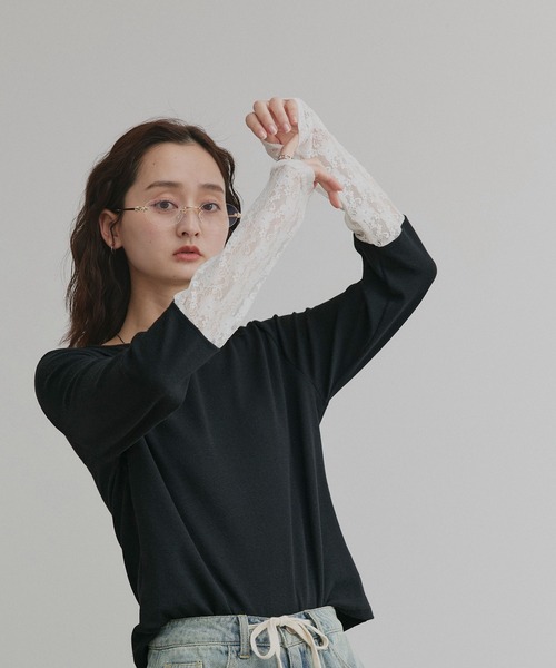 ad thie（アドティエ）の「袖切替ラメシアー レース アソートトップス（Tシャツ/カットソー・レディース・ブラック系2/ホワイト系2/グレー系2/ブラウン系2/カーキ系2/ベージュ系2/ホワイト系1/ブラウン系1/ベージュ系1/ブラック系1/グレー系1/カーキ系1/ホワイト系3/ブラック系3/ピンク系/ブルー系・MEDIUM/LARGE/LL）」の6枚目の写真