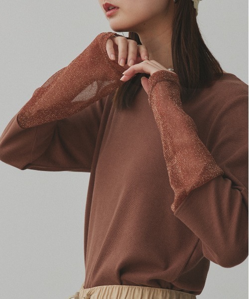 ad thie（アドティエ）の「袖切替ラメシアー レース アソートトップス（Tシャツ/カットソー・レディース・ブラック系2/ホワイト系2/グレー系2/ブラウン系2/カーキ系2/ベージュ系2/ホワイト系1/ブラウン系1/ベージュ系1/ブラック系1/グレー系1/カーキ系1/ホワイト系3/ブラック系3/ピンク系/ブルー系・MEDIUM/LARGE/LL）」の10枚目の写真