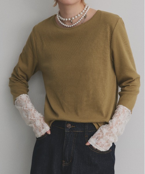 ad thie（アドティエ）の「袖切替ラメシアー レース アソートトップス（Tシャツ/カットソー・レディース・ブラック系2/ホワイト系2/グレー系2/ブラウン系2/カーキ系2/ベージュ系2/ホワイト系1/ブラウン系1/ベージュ系1/ブラック系1/グレー系1/カーキ系1/ホワイト系3/ブラック系3/ピンク系/ブルー系・MEDIUM/LARGE/LL）」の13枚目の写真