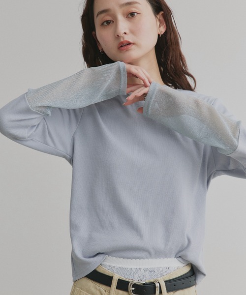 ad thie（アドティエ）の「袖切替ラメシアー レース アソートトップス（Tシャツ/カットソー・レディース・ブラック系2/ホワイト系2/グレー系2/ブラウン系2/カーキ系2/ベージュ系2/ホワイト系1/ブラウン系1/ベージュ系1/ブラック系1/グレー系1/カーキ系1/ホワイト系3/ブラック系3/ピンク系/ブルー系・MEDIUM/LARGE/LL）」の15枚目の写真