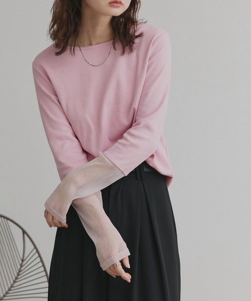 ad thie（アドティエ）の「袖切替ラメシアー レース アソートトップス（Tシャツ/カットソー・レディース・ブラック系2/ホワイト系2/グレー系2/ブラウン系2/カーキ系2/ベージュ系2/ホワイト系1/ブラウン系1/ベージュ系1/ブラック系1/グレー系1/カーキ系1/ホワイト系3/ブラック系3/ピンク系/ブルー系・MEDIUM/LARGE/LL）」の16枚目の写真