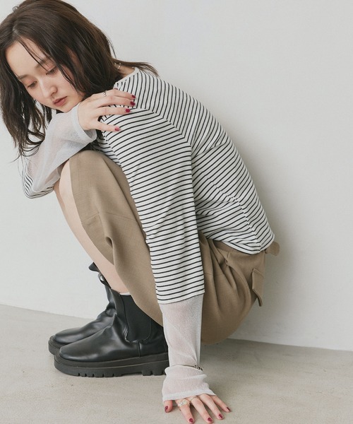ad thie（アドティエ）の「袖切替ラメシアー レース アソートトップス（Tシャツ/カットソー・レディース・ブラック系2/ホワイト系2/グレー系2/ブラウン系2/カーキ系2/ベージュ系2/ホワイト系1/ブラウン系1/ベージュ系1/ブラック系1/グレー系1/カーキ系1/ホワイト系3/ブラック系3/ピンク系/ブルー系/ホワイト系その他/ホワイト系その他2・MEDIUM/LARGE/LL/SMALL）」の3枚目の写真