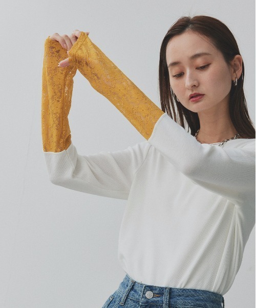 ad thie（アドティエ）の「袖切替ラメシアー レース アソートトップス（Tシャツ/カットソー・レディース・ブラック系2/ホワイト系2/グレー系2/ブラウン系2/カーキ系2/ベージュ系2/ホワイト系1/ブラウン系1/ベージュ系1/ブラック系1/グレー系1/カーキ系1/ホワイト系3/ブラック系3/ピンク系/ブルー系・MEDIUM/LARGE/LL）」の20枚目の写真