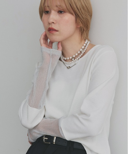 ad thie(アドティエ)の「袖切替ラメシアー レース アソートトップス(Tシャツ/カットソー・レディース・ブラック系2/ホワイト系2/グレー系2/ブラウン系2/カーキ系2/ベージュ系2/ホワイト系1/ブラウン系1/ベージュ系1/ブラック系1/グレー系1/カーキ系1/ホワイト系3/ブラック系3/ピンク系/ブルー系・MEDIUM/LARGE/LL)」の18枚目の写真