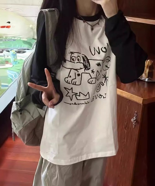 MEMECLE(メメクル)の「【 MEMECLE / メメクル 】ドッグプリント ロゴ ラグラン ロンT(Tシャツ/カットソー・レディース・ブラック・SMALL/MEDIUM/LARGE)」の2枚目の写真