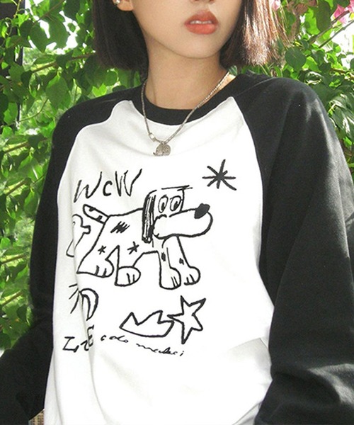 MEMECLE(メメクル)の「【 MEMECLE / メメクル 】ドッグプリント ロゴ ラグラン ロンT(Tシャツ/カットソー・レディース・ブラック・SMALL/MEDIUM/LARGE)」の6枚目の写真